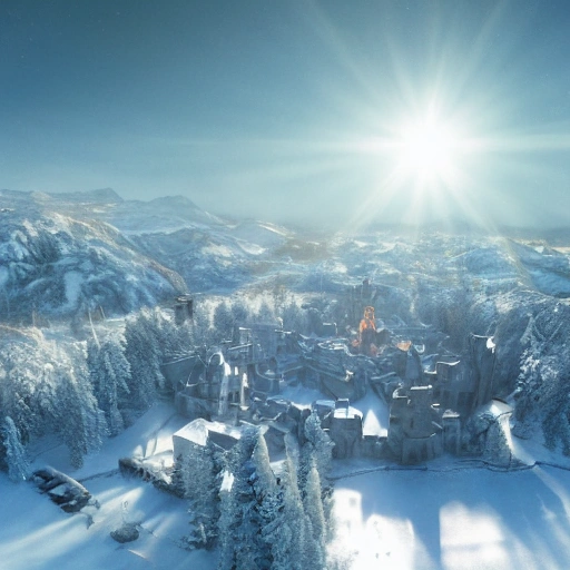 movie aerial still of christmas at winterfell ( game of thrones ), beautiful, colorful, cozy, ray tracing, octane render, long lens, anamorphic lens flare, 8 k, hyper detailed, 3 5 mm film grain by william didier pouget -- c 1 3