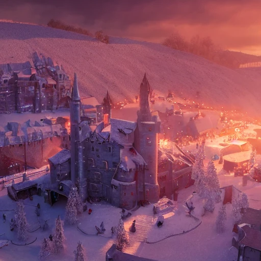 movie aerial still of christmas at winterfell ( game of thrones ), beautiful, colorful, cozy, ray tracing, octane render, long lens, anamorphic lens flare, 8 k, hyper detailed, 3 5 mm film grain by william didier pouget -- c 1 3