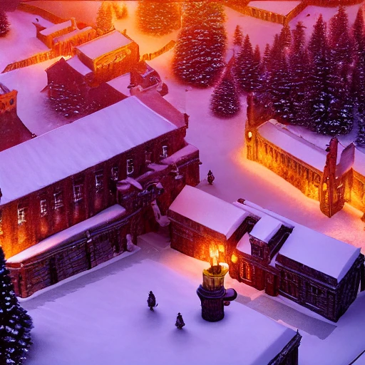 movie aerial still of christmas at winterfell ( game of thrones ), beautiful, colorful, cozy, ray tracing, octane render, long lens, anamorphic lens flare, 8 k, hyper detailed, 3 5 mm film grain by william didier pouget -- c 1 3