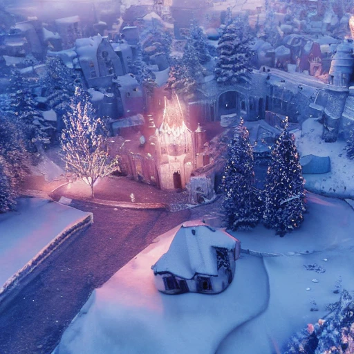 movie aerial still of christmas at winterfell ( game of thrones ), beautiful, colorful, cozy, ray tracing, octane render, long lens, anamorphic lens flare, 8 k, hyper detailed, 3 5 mm film grain by william didier pouget -- c 1 3