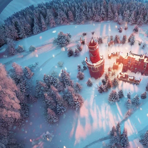 movie aerial still of christmas at winterfell ( game of thrones ), beautiful, colorful, cozy, ray tracing, octane render, long lens, anamorphic lens flare, 8 k, hyper detailed, 3 5 mm film grain by william didier pouget -- c 1 3