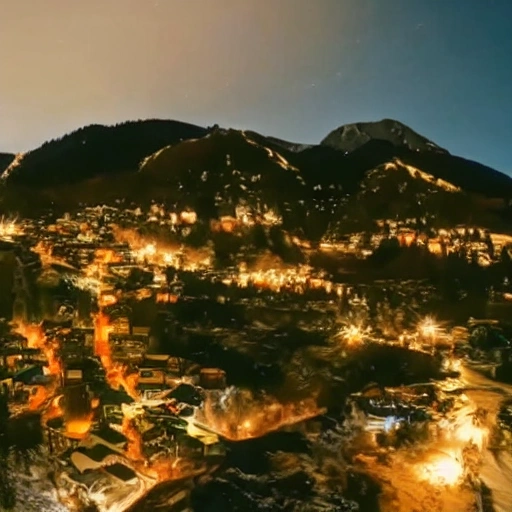 A small mountain village at night, 9:16, movie quality