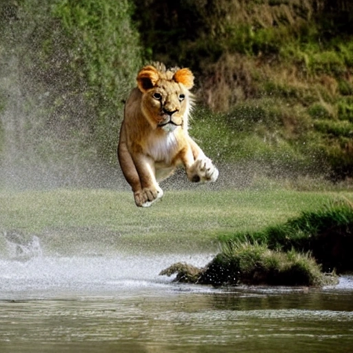 disney style, small lion, jumping in the river