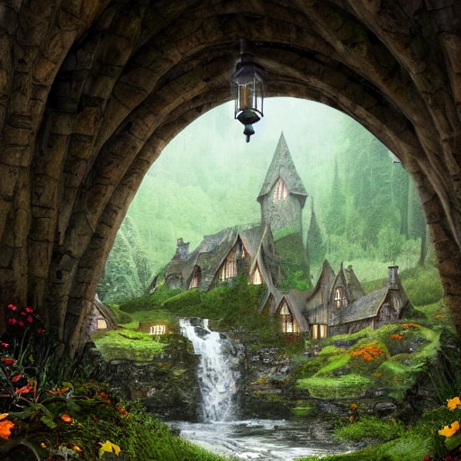 a medieval hobbit home, ornate, beautiful, atmosphere, vibe, mist, smoke, chimney, rain, well, wet, pristine, puddles, waterfall, clear stream, bridge, orange, green, stained glass, forest, flowers, concept art illustration, color page, 4 k, tone mapping, doll, akihiko yoshida, james jean, andrei riabovitchev, marc simonetti, yoshitaka amano, digital illustration, greg rutowski, volumetric lighting, sunbeams, particles, rembrandt , Trippy