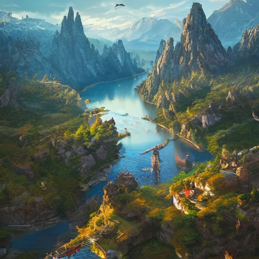 a birds eye view overlooking an ancient fantasy city surrounded by mountains and trees of greens and browns, rivers and lakes by Jordan Grimmer, Asher Brown Durand and Ryan Dening, 8k, artstation, beautiful color pallette, 3D