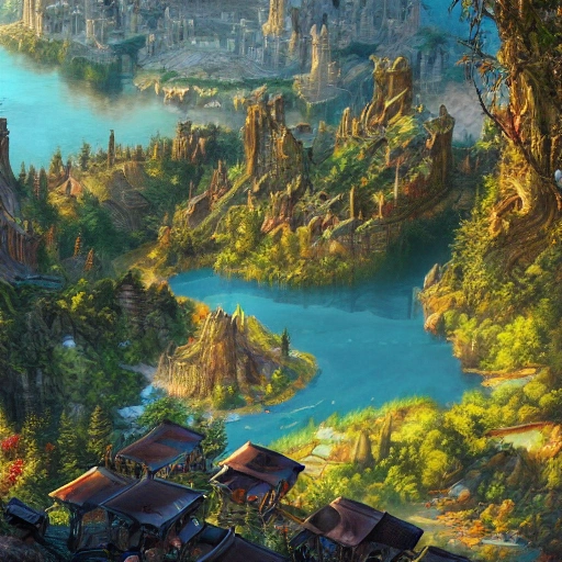 a birds eye view overlooking an ancient fantasy city surrounded by mountains and trees of greens and browns, rivers and lakes by Jordan Grimmer, Asher Brown Durand and Ryan Dening, 8k, artstation, beautiful color pallette, 3D, Cartoon, 3D, 3D, 3D, 3D, 3D, 3D, Cartoon, 3D, 3D, 3D, 3D, 3D