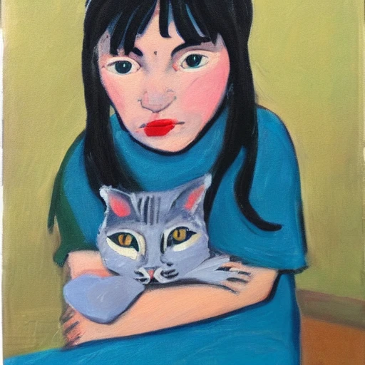 little blue hair girl with a cat, sad, 

, Oil Painting