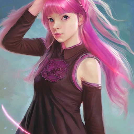 realistic portrait of a  young teen girl, pink hair, d&d magic fantasy, dark magical school student uniform, short hair, casting a bright large-scale magical spell around herself, overflowing energy, highly detailed, digital painting, trending on artstation, pixiv, concept art, sharp focus, illustration, art by Ross Tran and Greg Rutkowski and Walt Disney animation