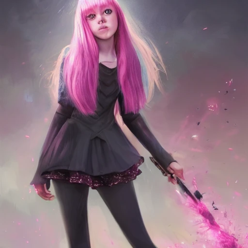 realistic portrait of a  young teen girl, pink hair, d&d magic fantasy, dark school student uniform, short hair, casting a bright large-scale magical spell around herself, overflowing energy, highly detailed, digital painting, trending on artstation, pixiv, concept art, sharp focus, illustration, art by Ross Tran and Greg Rutkowski and Walt Disney animation