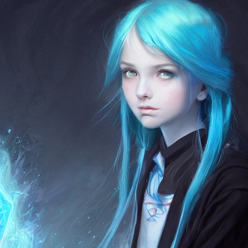 realistic portrait of a  young teen girl, blue hair, dark fantasy, dark school student uniform, long hair, casting a bright large-scale magical spell around herself, dead nature around, highly detailed, digital painting, trending on artstation, pixiv, concept art, sharp focus, illustration, art by Ross Tran and Greg Rutkowski and Walt Disney animation