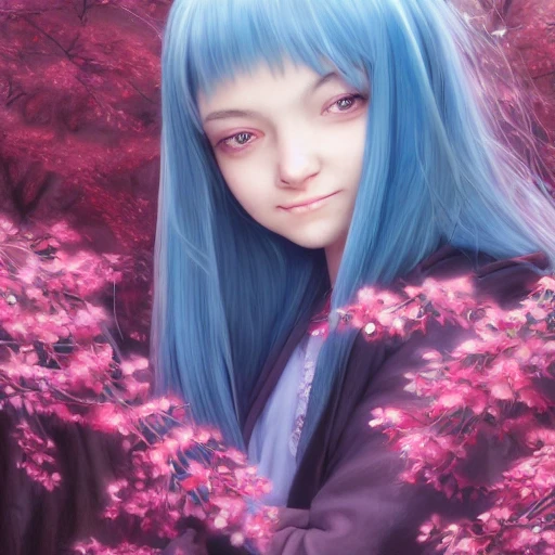 realistic portrait of a  young teen girl, blue hair, dark fantasy, dark school student uniform, long hair, casting a bright large-scale magical cherry tree behind herself, magic dust around, highly detailed, digital painting, trending on artstation, pixiv, concept art, sharp focus, illustration, art by Ross Tran and Greg Rutkowski and Walt Disney animation