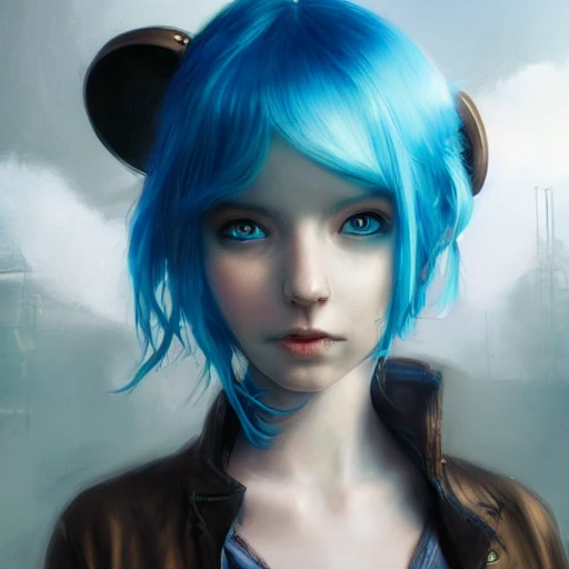 realistic  portrait of a young teen girl, blue hair, dark fantasy, dark style outfit, super short hair, casting a bright large-scale magical steam punk like city, magic dust around, highly detailed, digital painting, trending on artstation, pixiv, concept art, sharp focus, illustration, art by Ross Tran and Greg Rutkowski and Walt Disney animation