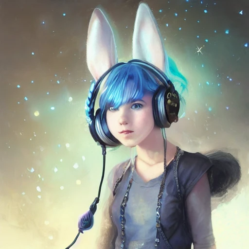 realistic  portrait of a young teen girl, blue hair, dark fantasy, steam punk outfit, headphones with bunny ears super short hair, magical city in background, magic dust around, highly detailed, digital painting, trending on artstation, pixiv, concept art, sharp focus, illustration, art by Ross Tran and Greg Rutkowski and Walt Disney animation