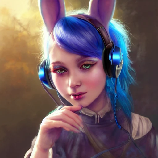 realistic  portrait of a young teen girl, blue hair, dark fantasy, steam punk outfit, headphones with bunny ears,super short hair, magical city in background, magic dust around, highly detailed, digital painting, trending on artstation, pixiv, concept art, sharp focus, illustration, art by Ross Tran and Greg Rutkowski and Walt Disney animation