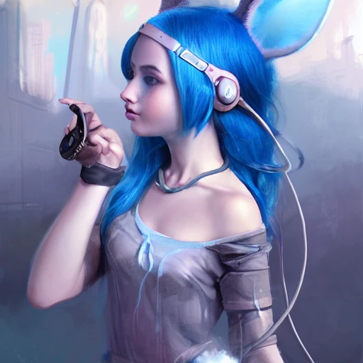 realistic  portrait of a young teen girl, blue hair, dark fantasy, steam punk outfit, headphones with bunny ears, short hair, chaotic city in background, dust around, highly detailed, digital painting, trending on artstation, pixiv, concept art, sharp focus, illustration, art by Ross Tran and Greg Rutkowski and Walt Disney animation