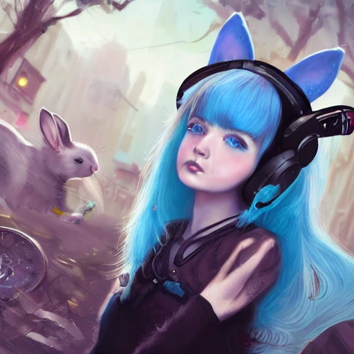 realistic  portrait of a young teen girl, blue hair, dark fantasy, steam punk outfit, headphones with bunny ears, short hair ,playing with a cat, chaotic city in background, dust around, highly detailed, digital painting, trending on artstation, pixiv, concept art, sharp focus, illustration, art by Ross Tran and Greg Rutkowski and Walt Disney animation