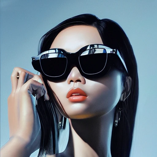 ultra realistic, cinematic lighting, mdjrny-v4 style,unreal engine, ultra detailed, , beautiful asian girl wearing outsized dior chanel sunglasses, shot by wayne barlowe anf james jean and syd mead