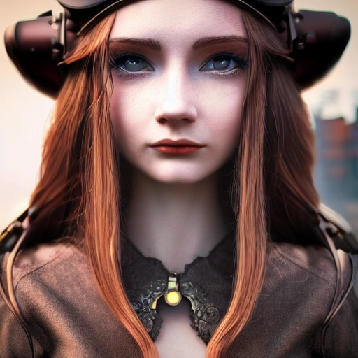 side close up portrait of 1 girl, steampunk, windblown long hair, detailed face, spotlight, steampunk city, multicolored, hyperrealistic, photografic, 8k, epic ambient light, octane render, Cartoon