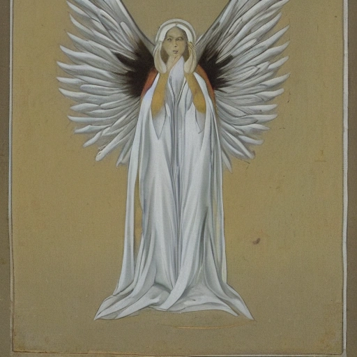 white, bright seraphim, 6 wings covering face and feet, floating in the sky