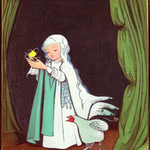 A little girl with white hair, green eyes and a white dress with a blue cloak, holding a small bird in her hands, Cartoon