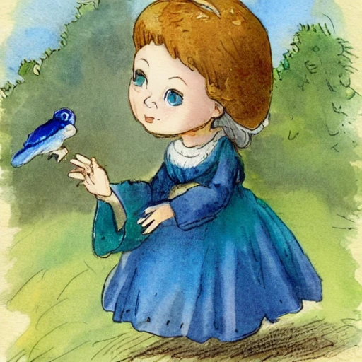 A little girl with white hair, green eyes and a white dress with a blue cloak, holding a small bird in her hands, Cartoon, Water Color