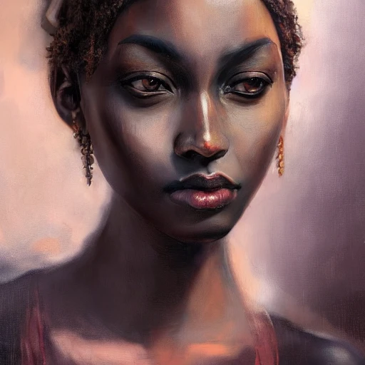 a woman, an oil painting portrait, a steampunk city alley, deep brown skin, realistic gray eyes, volumetric lighting, trending on artstation