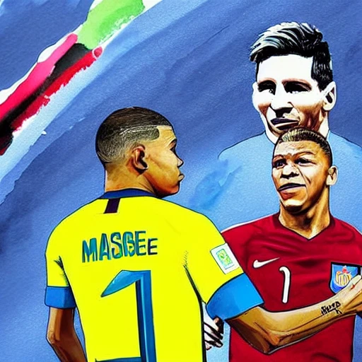 Kylian Mbappé is face to face to Lionel Messi, they are in the World Cup Qatar 2022 final, Water Color