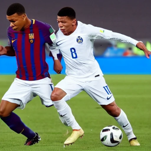 Kylian Mbappé playing against Lionel Messi at Lusail Stadium in the FIFA World Cup Qatar 2022 final, Trippy