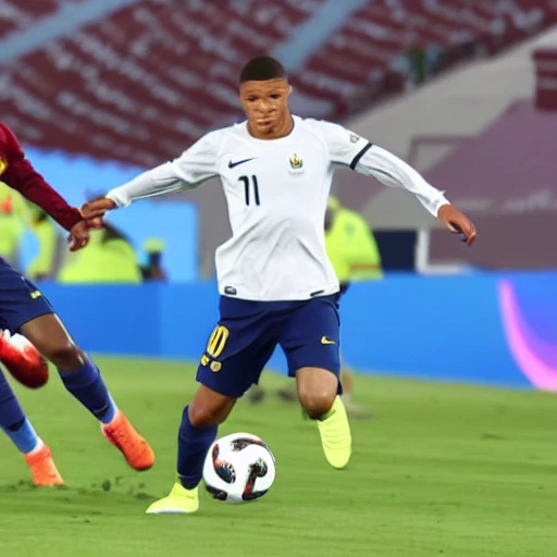 Kylian Mbappé playing against Lionel Messi at Lusail Stadium in the FIFA World Cup Qatar 2022 final, Cartoon