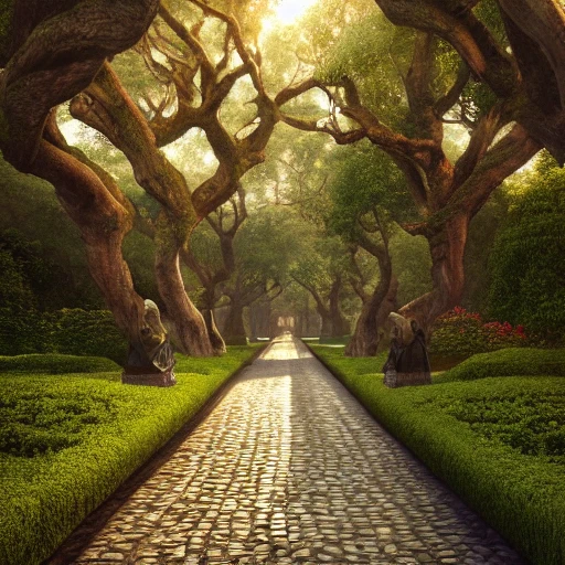 long promenade in a grand garden with ancient trees lining a cobblestone path, perfect composition, beautiful detailed intricate insanely detailed octane render trending on artstation, 8 k artistic photography, photorealistic concept art, soft natural volumetric cinematic perfect light, chiaroscuro, award - winning photograph, masterpiece, oil on canvas, raphael, caravaggio, Angkor
