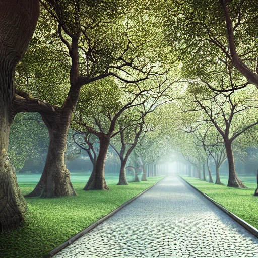 long promenade in a grand garden with ancient trees lining a cobblestone path, perfect composition, beautiful detailed intricate insanely detailed octane render trending on artstation, 8 k artistic photography, photorealistic concept art, soft natural volumetric cinematic perfect light, chiaroscuro, award - winning photograph, masterpiece