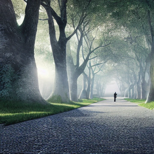 long promenade in a grand garden with ancient trees lining a cobblestone path, perfect composition, beautiful detailed intricate insanely detailed octane render trending on artstation, 8 k artistic photography, photorealistic concept art, soft natural volumetric cinematic perfect light, chiaroscuro, award - winning photograph, masterpiece, Raphael, Caravaggio