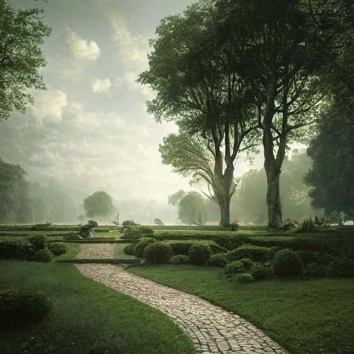 long promenade in a grand garden with ancient trees lining a cobblestone path, perfect composition, beautiful detailed intricate insanely detailed octane render trending on artstation, 8 k artistic photography, photorealistic concept art, soft natural volumetric cinematic perfect light, masterpiece, Raphael, Caravaggio, Wyeth