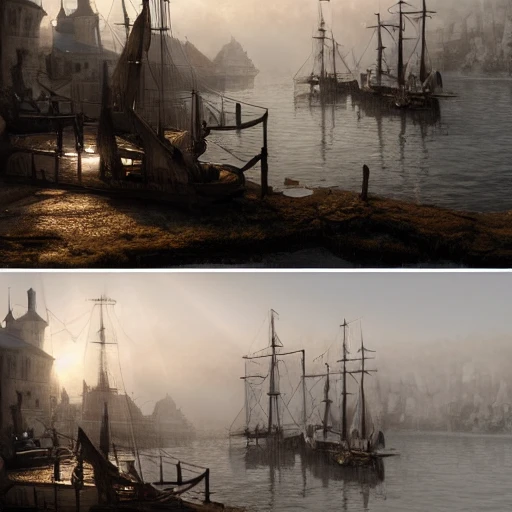 16th century shipyard in misty morning light, sunrise, perfect composition, beautiful detailed intricate insanely detailed octane render trending on artstation, 8 k artistic photography, photorealistic concept art, soft natural volumetric cinematic perfect light, masterpiece, Raphael, Caravaggio, Wyeth