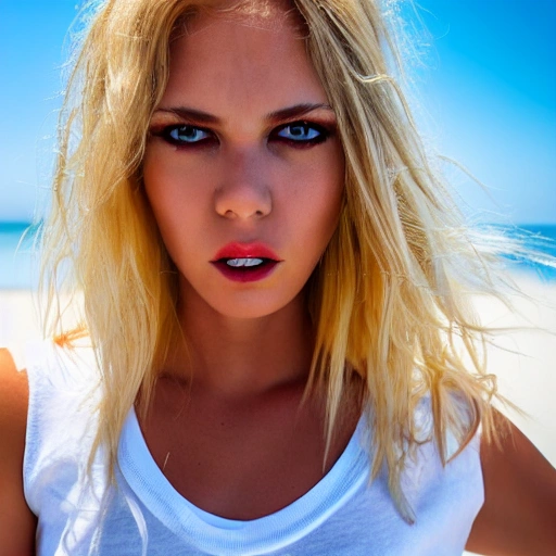 masterpiece, best quality, sexy beautiful angry girl, blond flutter hair, beach with wind blowing with seagulls, sweating, white t-shirt, highly detailed face and eyes, sun light, 4K, RAW, depth of field, high contrast, realistic details, 150mm, 3D