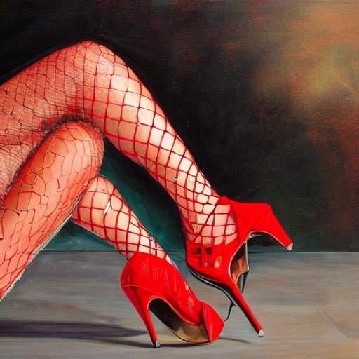 painting of legs in fishnets, tattered and torn, red high heels, high resolution, perfect symmetrical, beautiful