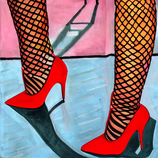 painting of legs in fishnets, tattered and torn, red high heels, high resolution, perfect symmetry, beautiful legs, symmetrical legs, fauvism