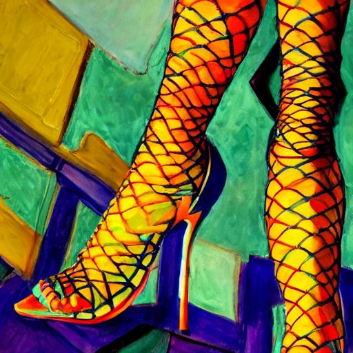 painting of legs in fishnets, tattered and torn, indigo high heels, high resolution, perfect symmetry, beautiful legs, symmetrical legs, fauvism