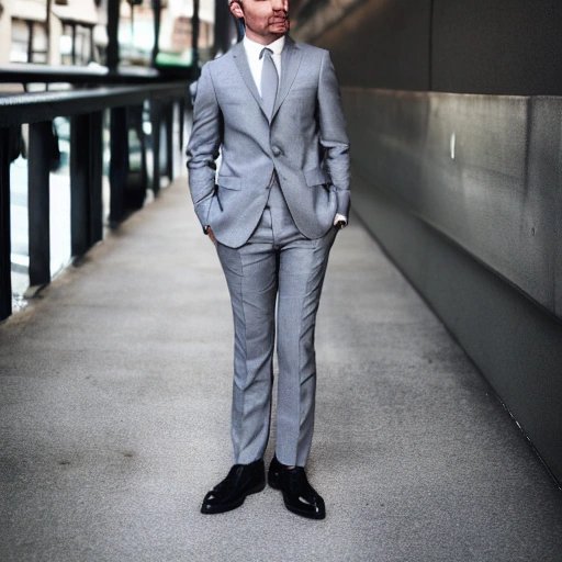 Grey suit, a short, and a metallic bag - Arthub.ai