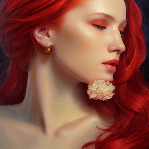 A perfect painting of a sexy woman, red hair, perfect face, gorgeous, intricate, highly detailed, 3d, trending on artstation, intricate, elegant, highly detailed, digital painting, artstation, concept art, smooth, sharp focus, illustration, art by artgerm and greg rutkowski and alphonse mucha and Luis Royo, 8k