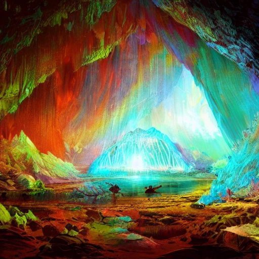 a ultradetailed beautiful concept art of the crystal formation of the prismatic crystal of hope is filled with the wonderful colors of the emotion around it in a forgotten cave lighten by the moon light and reflecting on the surface of a quiet lake, concept art, high resolution 4 k, by artgeem 