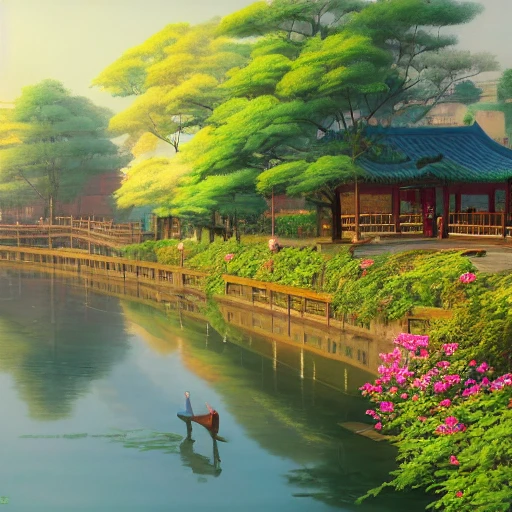 spring morning, a painting of Chinese water town , There are green trees on the bank, created by Makoto Shinkai and Hayao Miyazaki,Evgeny Lushpin, popular on cgsociety,ultrawide angle,soft light, 8K, fairy tales, dreams, tranquility, HD pictures

