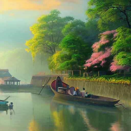 spring morning, a painting of Chinese water town , There are green trees on the bank, created by Makoto Shinkai and Hayao Miyazaki,Evgeny Lushpin, popular on cgsociety,ultrawide angle,soft light, 8K, fairy tales, dreams, tranquility, HD pictures

, 3D