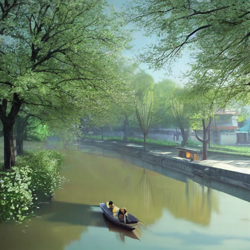 spring morning, a painting of Chinese water town , There are green trees on the bank, created by Makoto Shinkai and Hayao Miyazaki,Evgeny Lushpin, popular on cgsociety,ultrawide angle,soft light, 8K, fairy tales, dreams, tranquility, HD pictures

, 3D, 3D, 3D, 3D