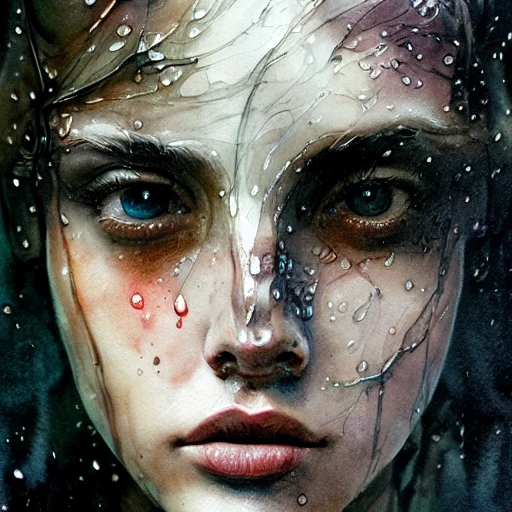 sci-fi character portrait, athletic, fit, focus on face, style, rain, flat light, ultra photo-realistic, intricate, watercolor on paper, masterpiece, expert, insanely detailed, 4k resolution, john William warehouse, Charlie Bowater, Agnes Cecile, Mucha, Gabriel Ferrier, composition, framing, Water Color, Oil Painting