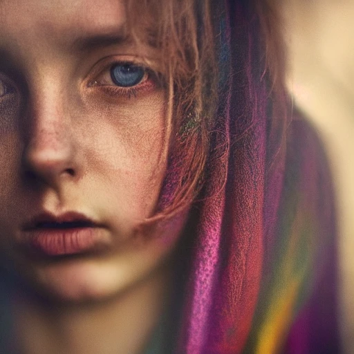 Young woman, looking away, beautiful eyes, intricate, happy, colorful, photo, ambient light, Nikon 76mm f/1.8G, by Lee Jeffries, Alessio Albi, Adrian Kuipers