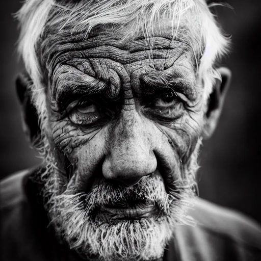 an old man, looking at camera, beautiful eyes, intricate, angry, black and white, photo, ambient light, Nikon 76mm f/1.8G 