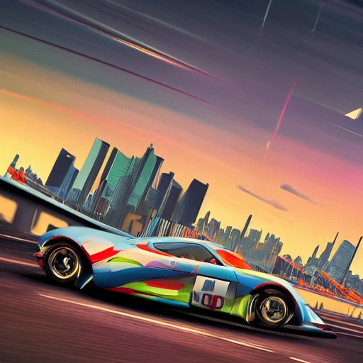 snthwve style:0.05, nvinkpunk:1.8, (GTA 5), a portrait of a fast running racing car, modern city in the background, colorful, hyperdetailed, intricate, concept art, smooth, 3d, 8k resolution wallpaper, trending on artstation