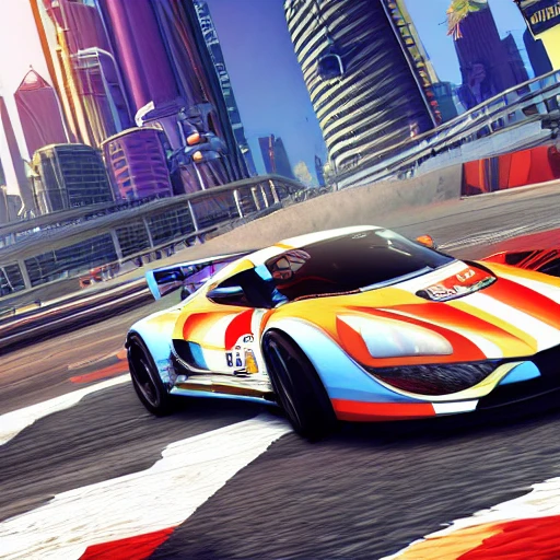 snthwve style:0.05, nvinkpunk:1.8, (GTA 5), a portrait of a fast running racing car, modern city in the background, colorful, hyperdetailed, intricate, concept art, smooth, 3d, 8k resolution wallpaper, micro-details, extremely detailed, epic, ultra detailed, proportional, award-winning, clean, refreshing, beautiful lighting, trend on artstation, trend on pixiv, vivid, dynamic, intricate, high quality, detailed, lush, strong lines