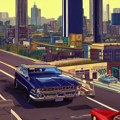 snthwve style:0.05, nvinkpunk:1.8, (GTA 5), a portrait of a classic car, modern city in the background, colorful, hyperdetailed, intricate, concept art, smooth, 3d, 8k resolution wallpaper, micro-details, extremely detailed, epic, ultra detailed, proportional, award-winning, clean, refreshing, beautiful lighting, trend on artstation, trend on pixiv, vivid, dynamic, intricate, high quality, detailed, lush, strong lines